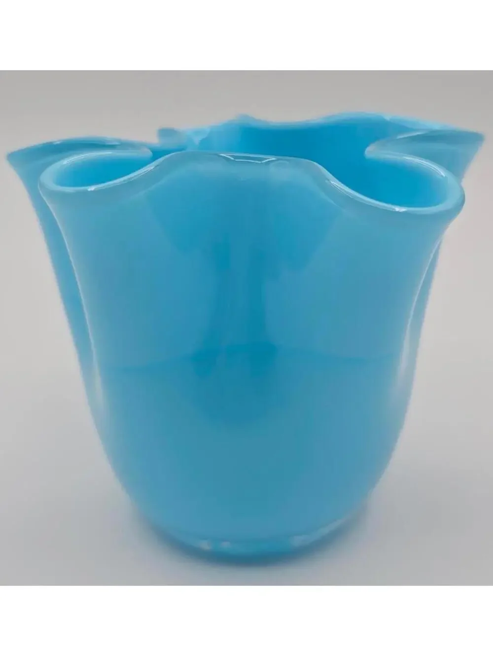 Vintage Fenton Turquoise Blue Opaque Crimped Rim Vase Hand Blown Art Glass 4”